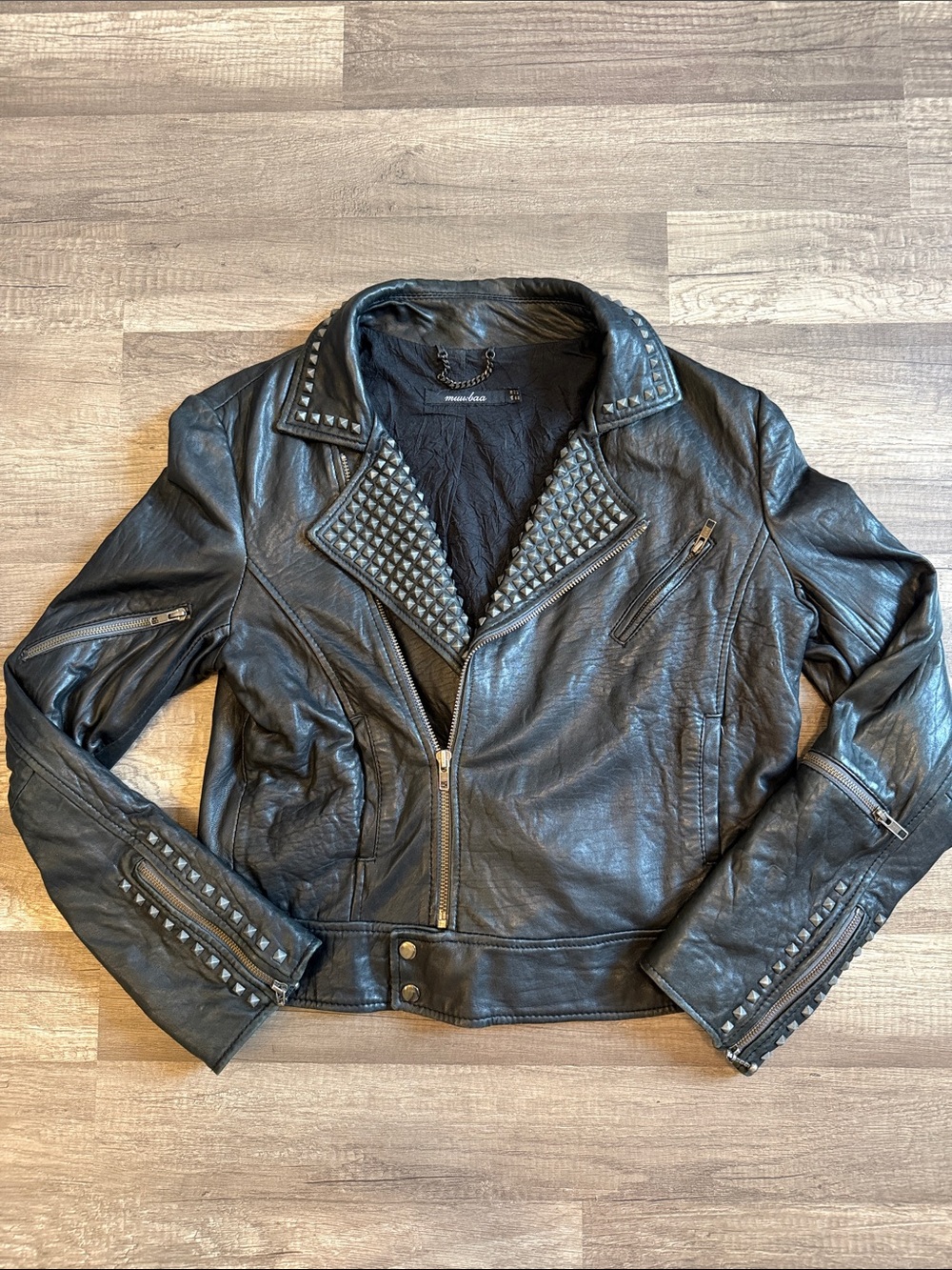 MUUBAA Moto Black Studded 100% Lamb Leather Jacket - Women's